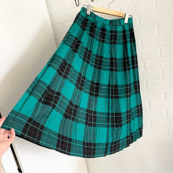 Vintage Pure Wool Emerald green Pink Plaid Midi Skirt Metallic Threading Sz 8 - Picture 10 of 13